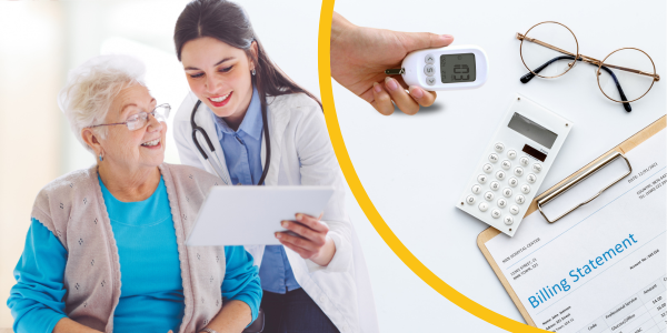 Doctor showing an elderly woman an ipad. In a yellow quarter circle there is also a billing statement sheet with a calculator and a hand that is holding a glucometer.