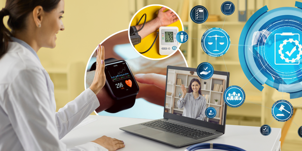Doctor on a telehealth call with a patient surrounded by images of remote patient monitoring devices as well as a graphic around policy-making