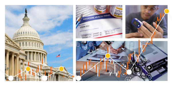 A photo collage of Capitol Hill, Medicare card, a person using a pulse oximeter, and a doctor's desk with a line chart trending upward.