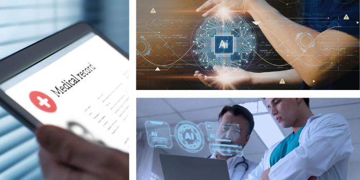 three panels: on the left is a Medical Record on an Ipad screen, on the top right is AI being held in two hands and the bottom right are two doctors reading a chart with AI tech