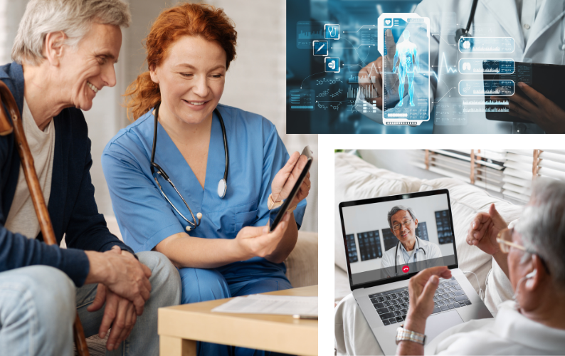 Elderly man and nurse look at a tablet, Ai health technology screen with multiple vitals, and an elderly man having a video chat with his doctor