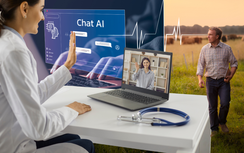 Collage of images including a doctor meeting with a telehealth patient on a latop, a farmer, and a chatAI screen