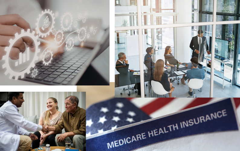 Several Cogs to represent Digital Health process, a consulting company meeting, a doctor shaking the hands of an elderly patient and a close-up of a Medicare Health Insurance Card