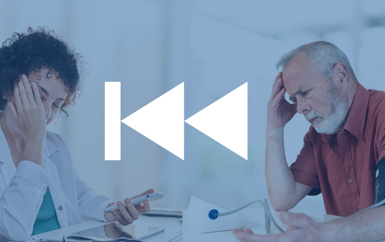 Exhausted doctor facing a frustrated elderly man with blood pressure cuff on