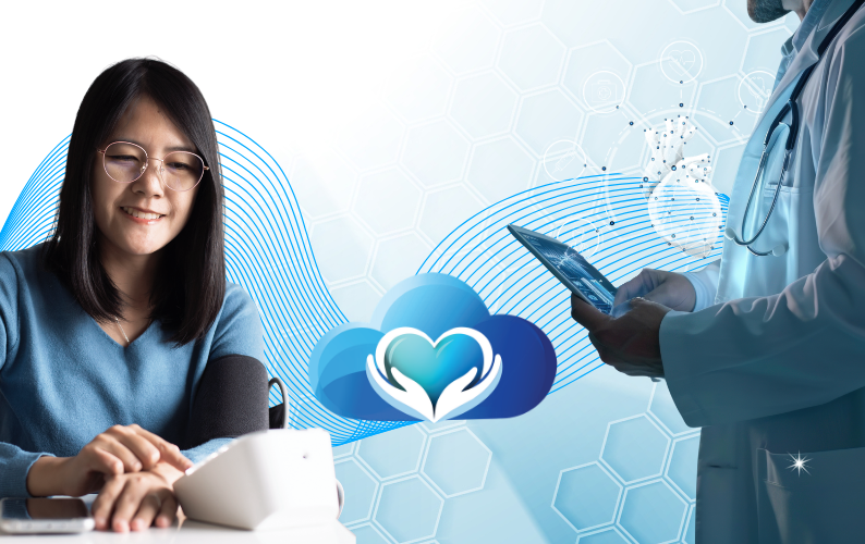 A female taking her blood pressure with blue lines connecting to a doctor's tablet with the CloudCare logo in the middle of the process