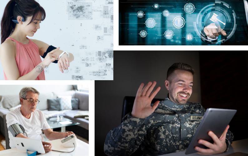 Woman looking at a smart watch with health data around her, a series of images the reflect legal process, a man in a soldier uniform looking at a tablet and waving, and an elderly man taking his blood pressure at home