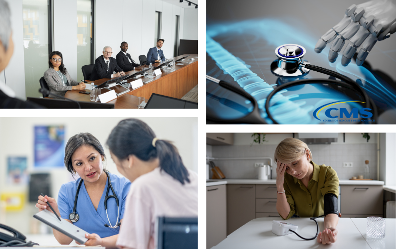 Four image panels. One with a photo of people in a committee, second, a robotic hand reaching for a stethoscope, third, a doctor speaking to a patient with a medicare card, and last, a frustrated woman looking at her blood pressure device