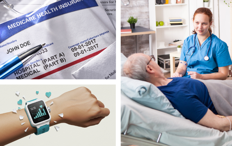 Medicare Health insurance cards, an elderly man is being cared for by a home nurse and a hand with a smart watch showing health data