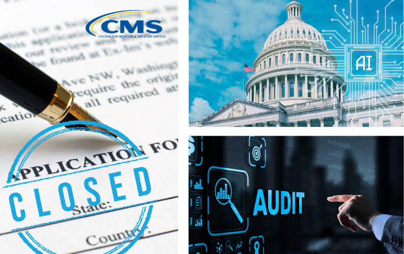CMS Application with Closed Stamp, Capitol Building with Ai in the corner and a man who is about to push "audit" on a screen