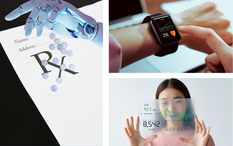 A prescription sheet with a robot hand with pills falling, a person looking at their vitals on their smart watch and a woman looking at her vitals on a transparent screen.