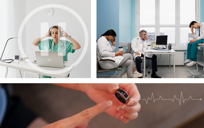 three panels: one is a nurse about to do RPM with a huge pause sign over the image, the second panel is three overwhelmed doctors in a clinic, and the third is a person putting on a health wearable with a heart rate that extends from it with a dot at the end.